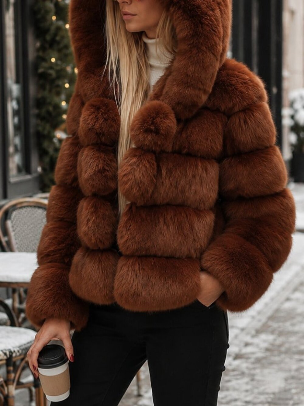 Mocha Brown Women's Faux Fur Hooded Coat